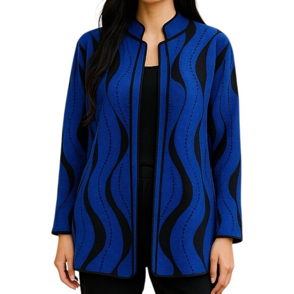 Ming Wang Women's Blue and Black Open Front Acrylic Cardigan - Size L - Picture 1 of 14